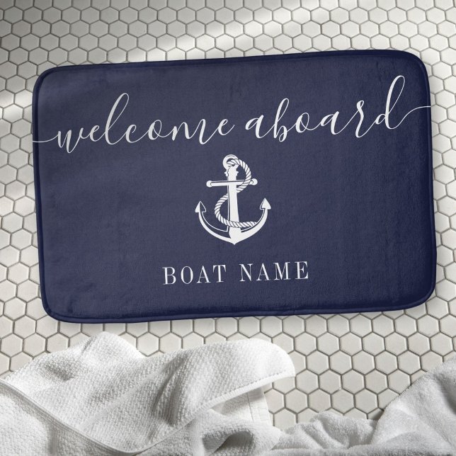 Nautical Anchor Boat Name Navy Blue Welcome Aboard Bath Mat (Nautical Anchor Boat Name Navy Blue Welcome Aboard Bath Mat)