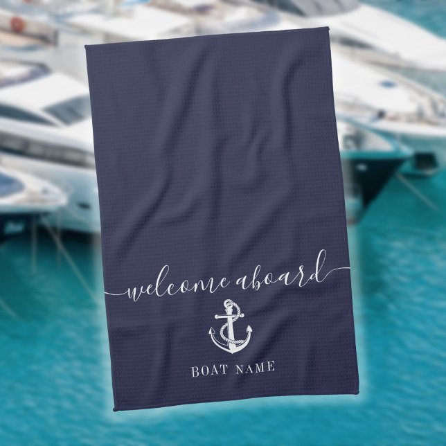 Nautical Anchor Boat Name Navy Blue Welcome Aboard Tea Towel (Creator Uploaded)