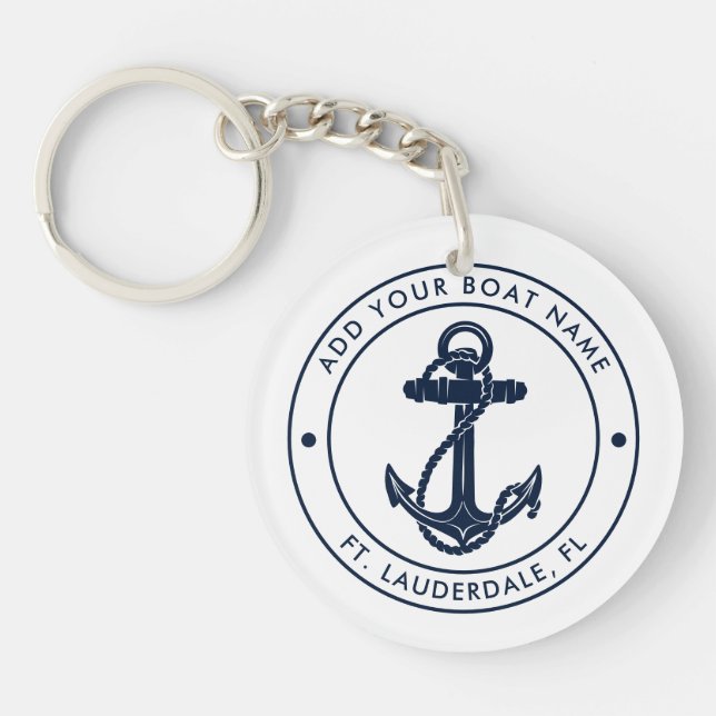 Nautical Anchor Boat Name Navy Blue White Key Ring (Front)