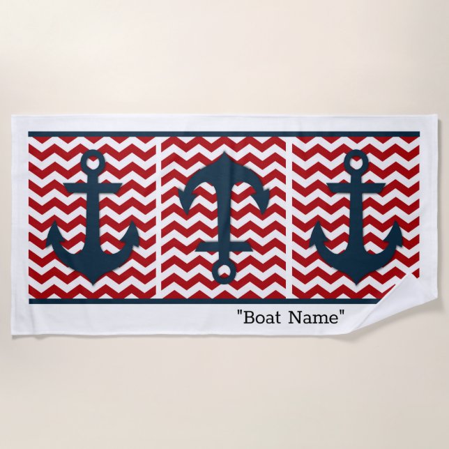 Nautical Anchor Boat NAME Red White Blue Fun Beach Towel (Front)