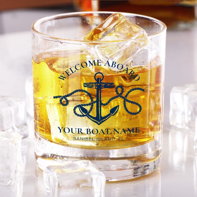 Nautical Anchor Boat Name Welcome Aboard Navy Blue Whiskey Glass (Creator Uploaded)
