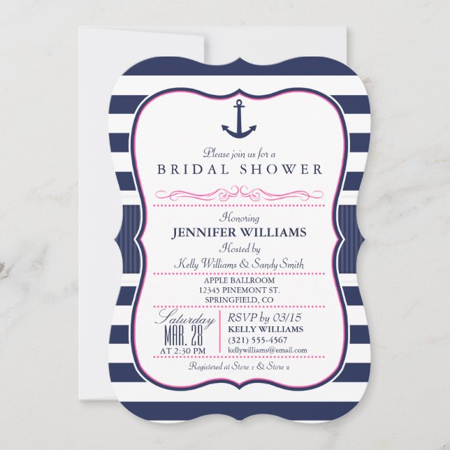 Nautical Anchor Bridal Shower; Navy & Pink Invitation (Front)