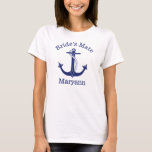 Nautical Anchor Bride's Mate Bachelorette Party T-Shirt<br><div class="desc">Your bridesmaids will love these coastal themed personalised nautical T shirts with the word "Bride's Mate" written above the anchor and their name below it. This design features a detailed drawing of a navy blue anchor with rope. Fun for your bachelorette party.</div>