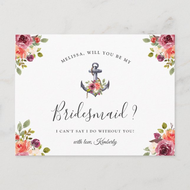 Nautical Anchor Bridesmaid Proposal Postcard (Front)
