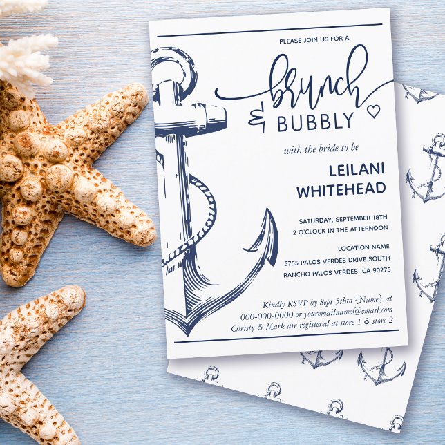 Nautical Anchor Brunch Bubbly Bridal Shower White Invitation (Creator Uploaded)