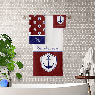 Nautical Anchor Burgundy Bathroom Ocean Navy Bath  Towel Set