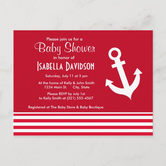 Nautical Anchor; Cadmium Red Stripes; Striped Invitation Postcard (Front)
