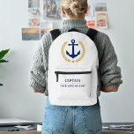 Nautical Anchor Captain Boat Name Gold Laurel Navy Printed Backpack<br><div class="desc">A custom designed nautical boat anchor,  gold style laurel leaves and a gold star with Captain rank or other title and Your Personalised Name or Boat Name in regal navy blue on a uniform white backpack. Makes a great gift.</div>