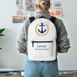 Nautical Anchor Captain Boat Name Gold Laurel Navy Printed Backpack