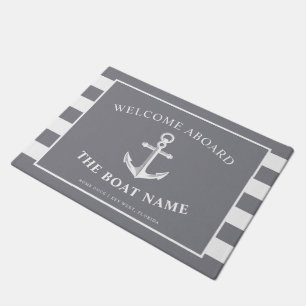 Nautical Anchor & Captain Name Slate Grey Stripes Doormat