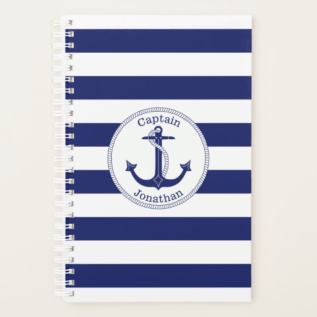 Nautical Anchor Captain Navy Blue Stripe Planner (Front)