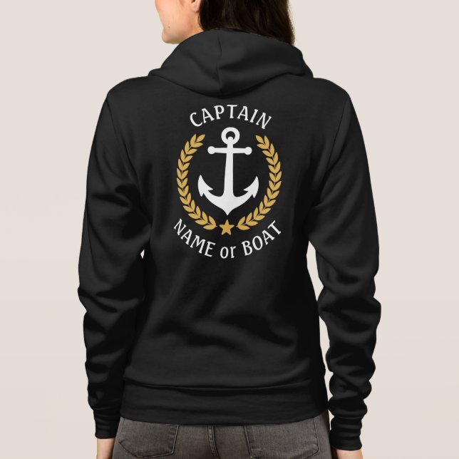 Nautical Anchor Captain or Boat Name Gold Laurel Hoodie (Back)