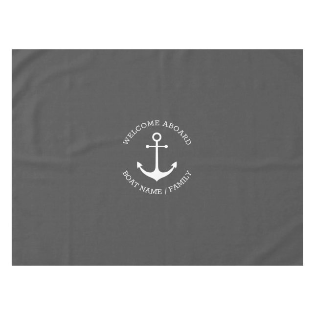 Nautical anchor charcoal grey custom boat name tablecloth (Front (Horizontal))