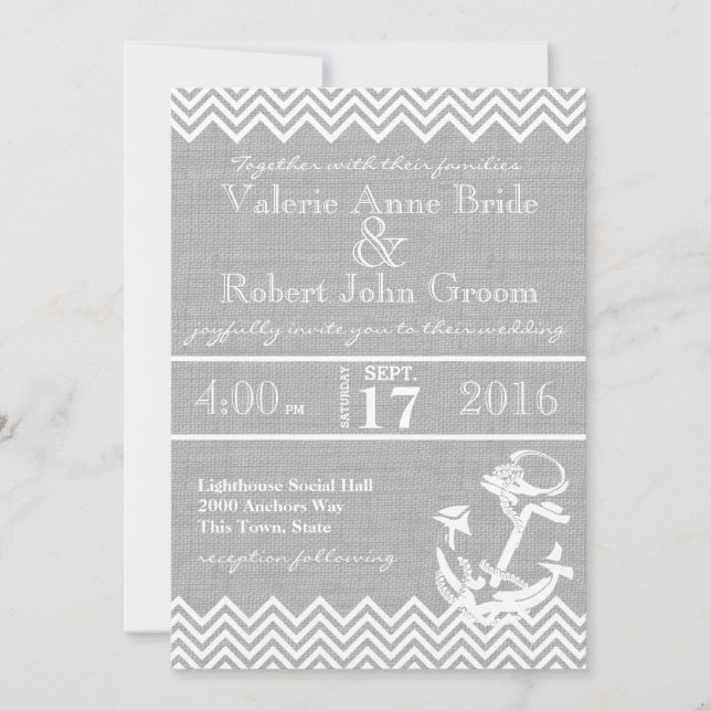 Nautical Anchor Chevron Beach Wedding Invitation (Front)