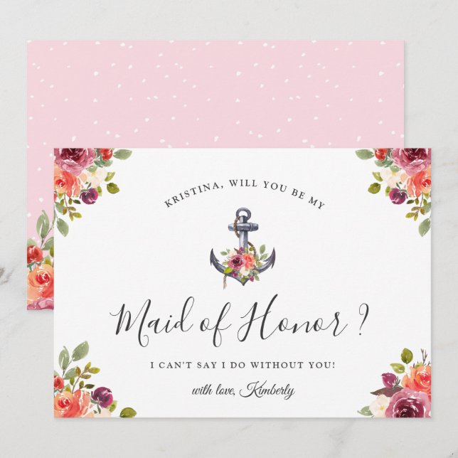 Nautical Anchor Chic Floral Be My Maid of Honour Invitation (Front/Back)