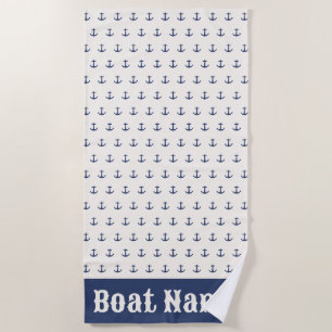Nautical Anchor Coastal Stripes Navy Blue Cream Beach Towel