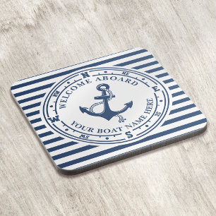Nautical Anchor Compass Striped Boat Name Coaster