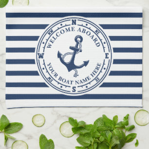 Nautical Anchor Compass Striped Boat Name Tea Towel