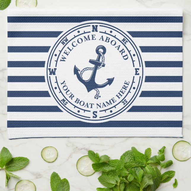Nautical Anchor Compass Striped Boat Name Tea Towel (Folded)