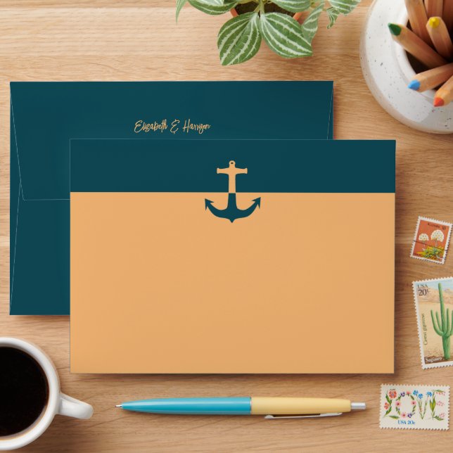 Nautical Anchor - Coral Blue - Beach Wedding Envelope (Desk)