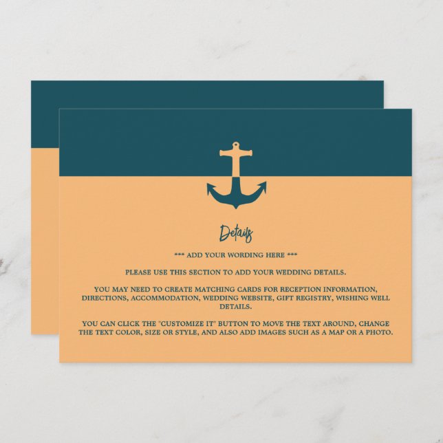 Nautical Anchor - Coral Blue - Wedding Detail Enclosure Card (Front/Back)