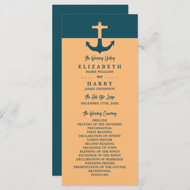 Nautical Anchor - Coral Blue - Wedding Programme (Front/Back)