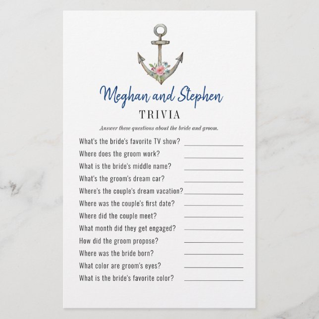 Nautical Anchor Couple's Shower Trivia games (Front)