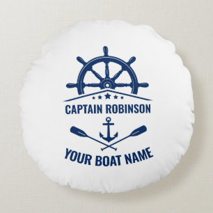 Nautical Anchor Crossed Oars & Ships Wheel White Round Cushion
