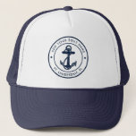 Nautical Anchor Custom Boat Name Sailing Trucker Hat<br><div class="desc">Add your boat name, and dock by clicking the "Personalise" button above. Set sail in style with our custom nautical-themed hat, the ultimate companion for your maritime adventures. This trucker hat boasts a cute design inspired by the ocean's wonders, featuring classic maritime motifs such as an anchor and rope. Whether...</div>