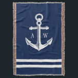 Nautical Anchor Custom Monograms Navy Throw Blanket<br><div class="desc">Elegant navy throw blanket featuring a nautical anchor in a vintage style.  Flanking both sides are monograms of the bride and groom,  or possibly your first and last name monograms.  All elements are customisable simply use the customisation function.</div>