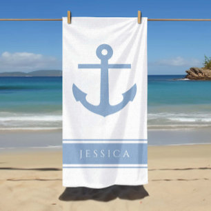 Nautical Anchor Custom Name Blue  Beach Towel