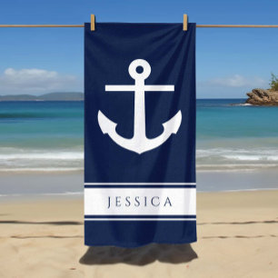 Nautical Anchor Custom Name Navy Blue  Beach Towel