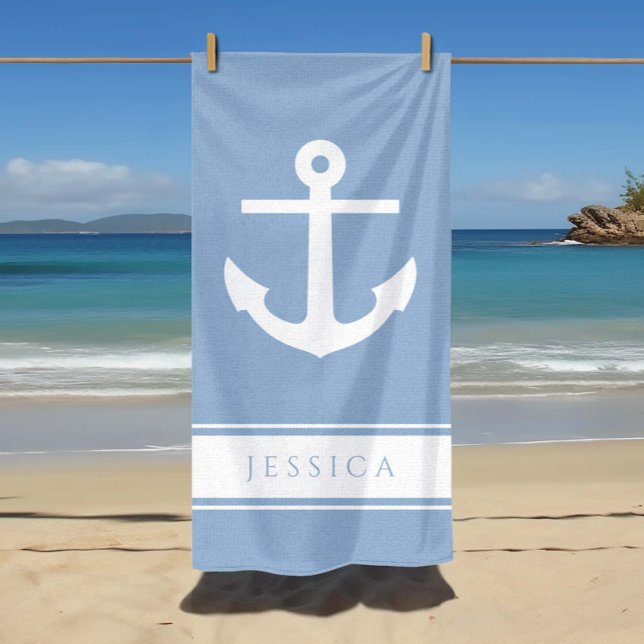 Nautical Anchor Custom Name Powder Blue  Beach Towel (Nautical Anchor Custom Name Powder Blue Beach Towel)