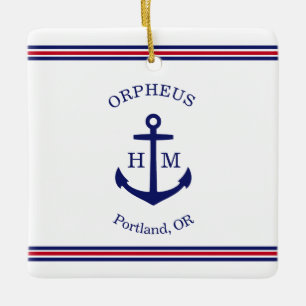 Nautical Anchor Custom (white, blue & red) Ceramic Ornament