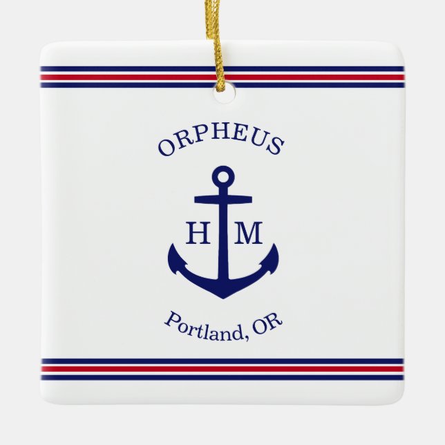 Nautical Anchor Custom (white, blue & red) Ceramic Ornament (Front)