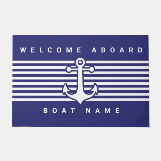 Nautical Anchor Design Navy Blue White Stripe Door Doormat (Front)