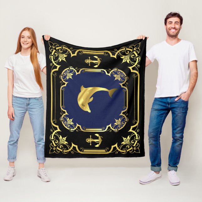 Nautical anchor/dolphin black/gold/blue fleece blanket (In Situ)