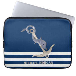 Nautical Anchor Dolphin Navy Blue Stripes Sailor Laptop Sleeve