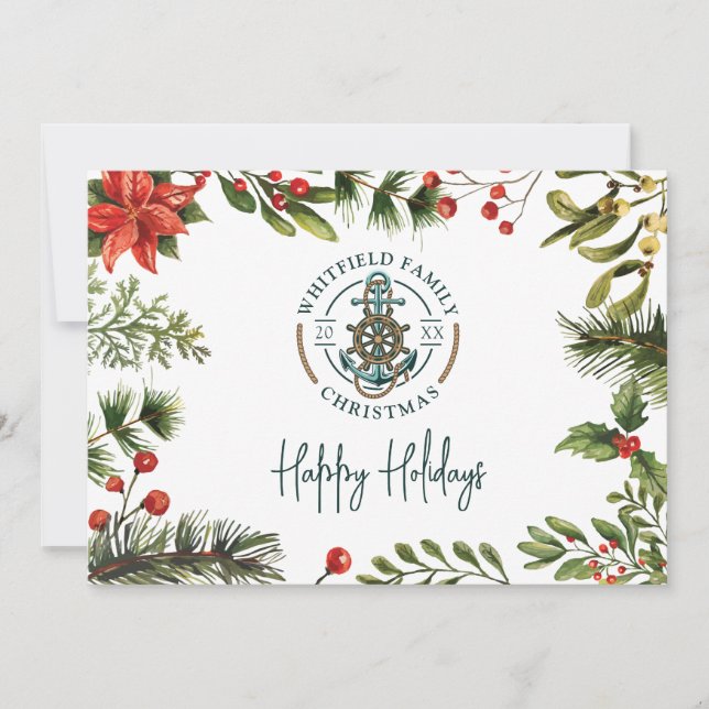 Nautical Anchor Family Beach House Christmas Holiday Card (Front)