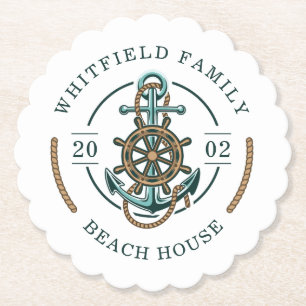 Nautical Anchor Family Beach House Custom Paper Coaster