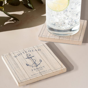 Nautical Anchor Family Monogram Stone Coaster