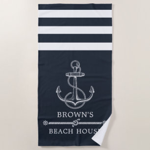 Nautical Anchor Family Name Beach Lake House Beach Towel