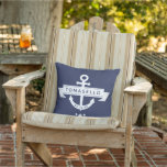 Nautical Anchor Family Name Date Navy Blue Stripes Cushion<br><div class="desc">Nautical Anchor Family Name Date Navy Blue Stripes Outdoor Pillow</div>