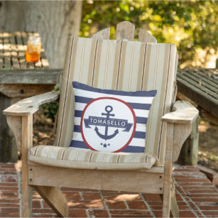 Nautical Anchor Family Name Navy Blue Stripes Cushion