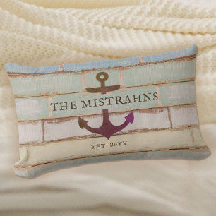 Nautical Anchor Family Name Rustic Wood Lumbar Cushion