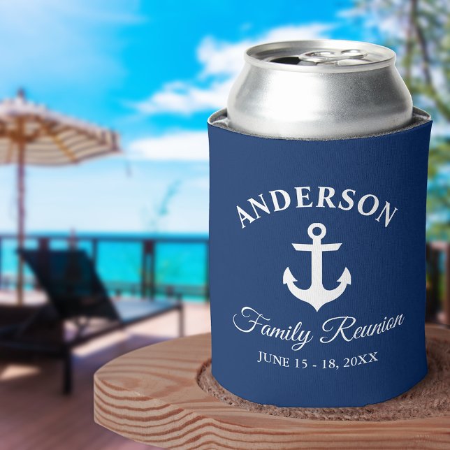 Nautical Anchor Family Reunion Navy Blue Can Cooler (Customize to change text size or text style.)