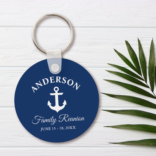 Nautical Anchor Family Reunion Navy Blue Key Ring (Customize to change text size, style or background color.)