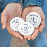 Nautical Anchor Family Reunion Navy Blue & White<br><div class="desc">A nautical themed family reunion button, proudly displaying your family name, reunion date and location in elegant calligraphy script with stylish modern text. This design features artwork of a custom boat anchor with a compass style boarder in navy blue on white or easily customize the background to any desired color....</div>