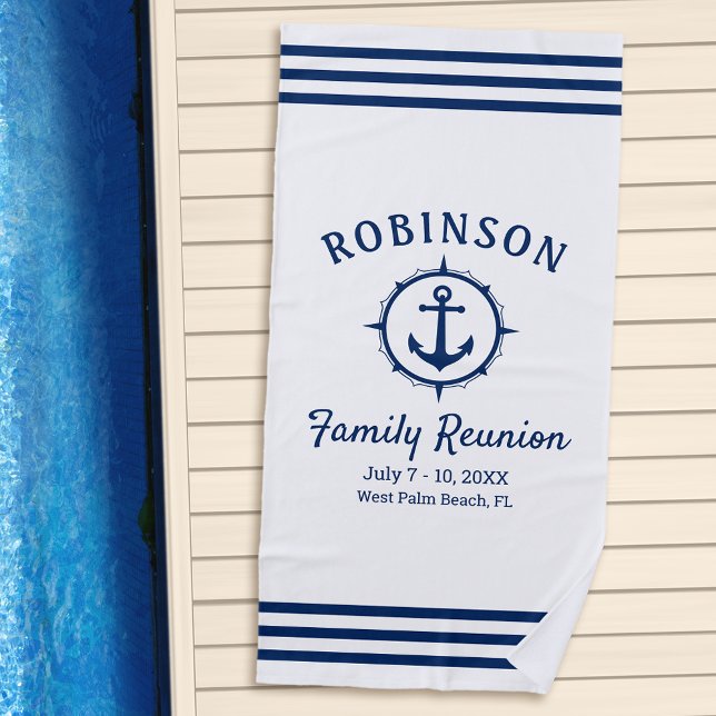 Nautical Anchor Family Reunion Navy Blue & White Beach Towel (Creator Uploaded)