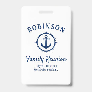 Nautical Anchor Family Reunion Navy Blue & White ID Badge